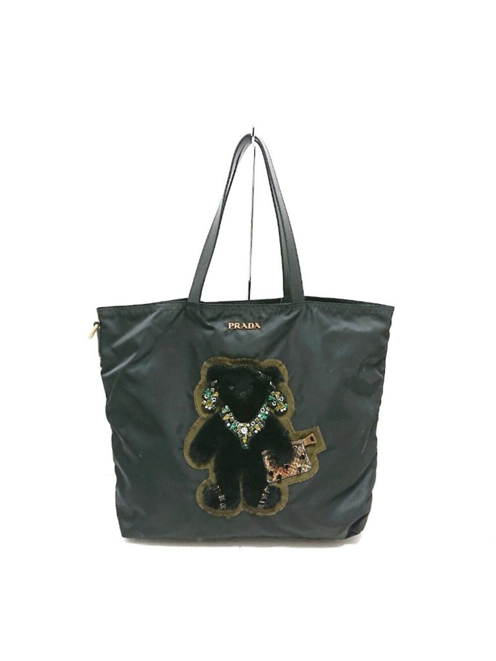Prada Tote Bag Black Green Multi Leather Tag Bijou Bear